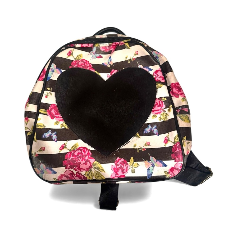 Floral Stripe Heart Backpack - Black & Pink